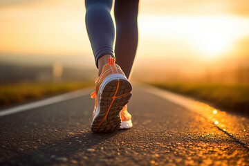 Sport Runner from the back, with a close-up of their legs and shoes on the lane at sunset. Ai generated