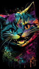 Close up of cat's face with colorful paint splatters. Generative AI.