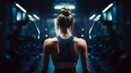 Fototapeta na wymiar Woman in sports bra top standing in front of gym machine. Generative AI.