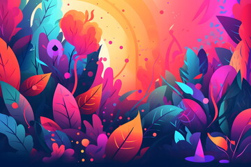 Image of colorful flowers and leaves on blue and pink background with sun in the background. Generative AI.