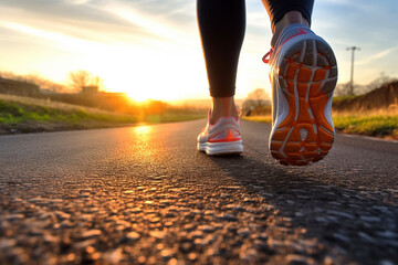 Sport Runner from the back, with a close-up of their legs and shoes on the lane at sunset. Ai generated