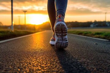 Sport Runner from the back, with a close-up of their legs and shoes on the lane at sunset. Ai generated