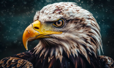 Close up of eagle's head with drops of water on it. Generative AI.