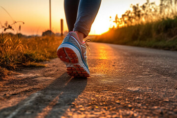 Sport Runner from the back, with a close-up of their legs and shoes on the lane at sunset. Ai generated - obrazy, fototapety, plakaty