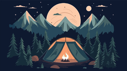 illustration of Camping Evening Scene. Tent, Campfire, Pine forest and rocky mountains background, starry night sky with moonlight