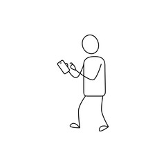 Doodle Figure Illustration Vector Cartoon Walking and Playing Mobile Phone.