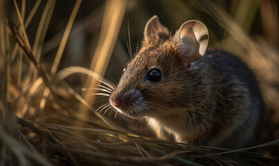 Tiny Explorer: Photo of house mouse, captured in a moment of stillness amidst a patch of tall grass. lighting illuminating its soft fur and delicate features. Generative AI