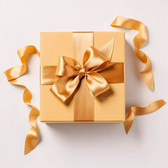 golden gift box with gold ribbons on the table. High quality Generative AI