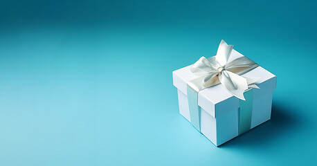 Obraz premium White Gift box on blue background. Copy space. Generative AI