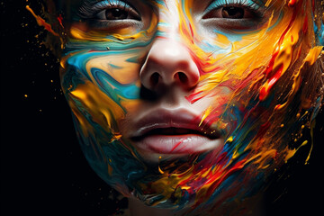 Beautiful woman's face made of oil paint, showcasing a unique and artistic creative approach to beauty. Ai generated