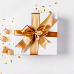Fototapeta na wymiar white gift box with gold ribbons on the table. High quality Generative AI