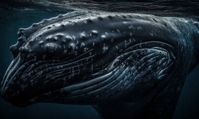 photo of humpback whale in dark sea. Generative AI