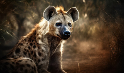 Fototapeta premium Wild Hyena Roaming the African Plains, its fierce expression is highlighted, while its mottled fur blends seamlessly with the rugged savannah background. Generative AI