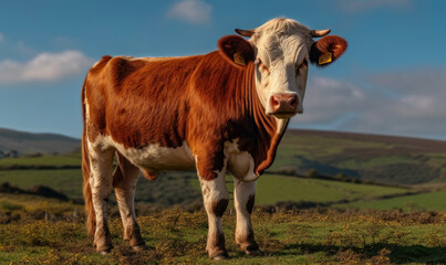 Photo of Hereford cow standing majestically on a green pasture, surrounded by rolling hills & bright blue sky emphasizing cow's distinctive markings, muscular build & gentle expression. Generative AI