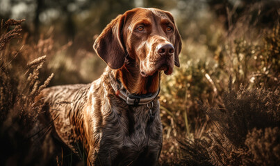 sunset photo of hound stadining in tall grass. Generative AI