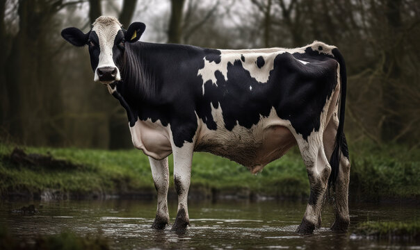 photo of Holstein-Friesian standing in water on forest background. Generative AI