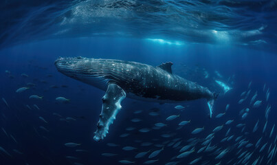 Fototapeta premium Photo of humpback whale, majestic and serene, gliding through a deep, turquoise sea with a school of shimmering fish in tow that emphasizes the whale's massive size and fluid movements. Generative AI