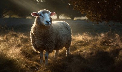 sunset photo of Hampshire sheep in its natural habitat. Generative AI - obrazy, fototapety, plakaty