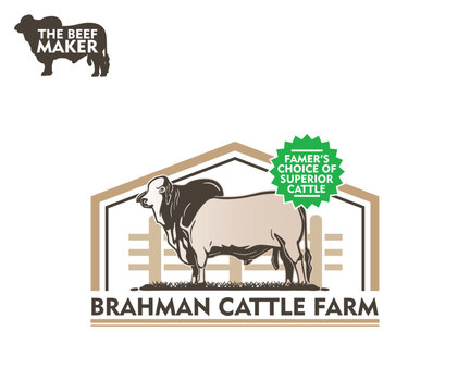 BRAHMAN CATTLE FARM LOGO, silhouette of smart organic bull farm standing vector illustrations