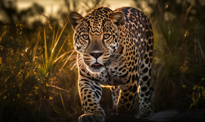 Obraz premium photo of jaguar running in tall grass at sunset. Generative AI