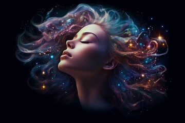 Fototapeta premium Beautiful woman's head with her eyes closed and her hair transformed into vibrant stars and galaxies, creating a dreamy and ethereal scene. Ai generated