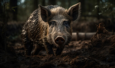 Fototapeta na wymiar close up photo of hog on blurry forest background. Generative AI