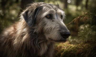 Naklejka na ściany i meble close up photo of Irish wolfhound on blurry forest background. Generative AI