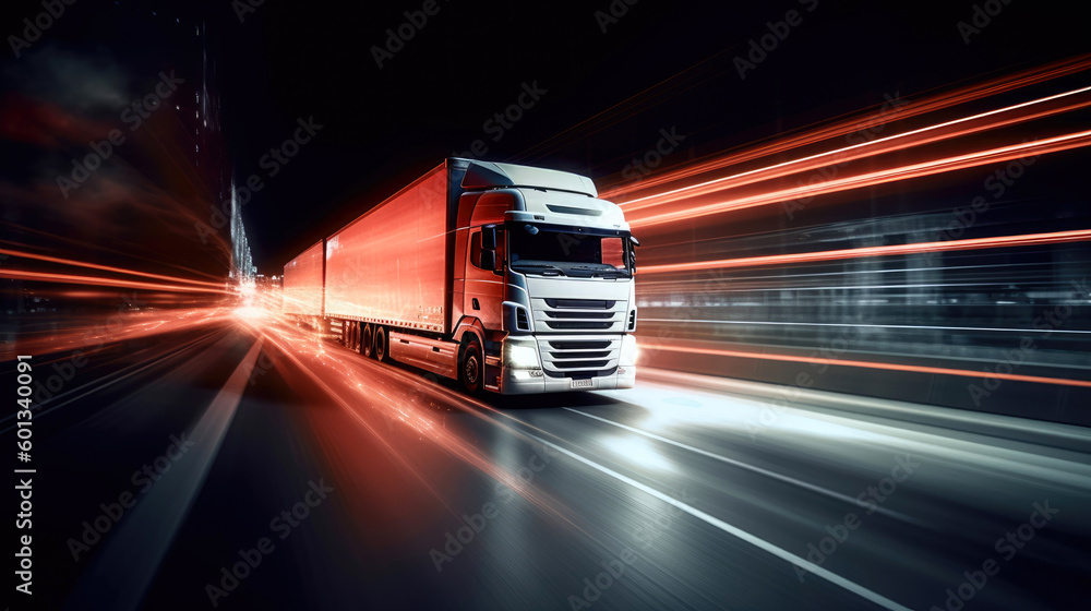 Wall mural modern lorry speeding down the highway, surrounded by the hustle and bustle of global business activ