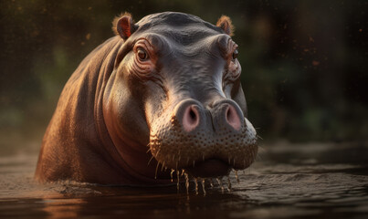 sunset close up photo of hippopotamus on blurry natural background. Generative AI