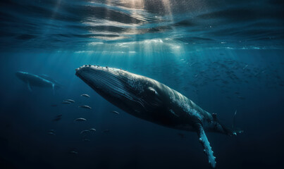 Photo of humpback whale, majestic and serene, gliding through a deep, turquoise sea with a school of shimmering fish in tow that emphasizes the whale's massive size and fluid movements. Generative AI