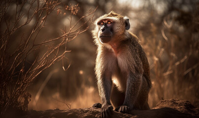 Obraz premium sunset photo of Hamadryas (sacred baboon) in its natural habitat. Generative AI