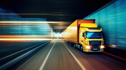 Naklejka premium Modern lorry speeding down the highway, surrounded by the hustle and bustle of global business activity. Generative AI