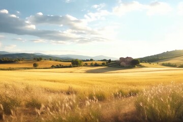 Yellow fields, hills, rural landscape at sunset. Generative AI
