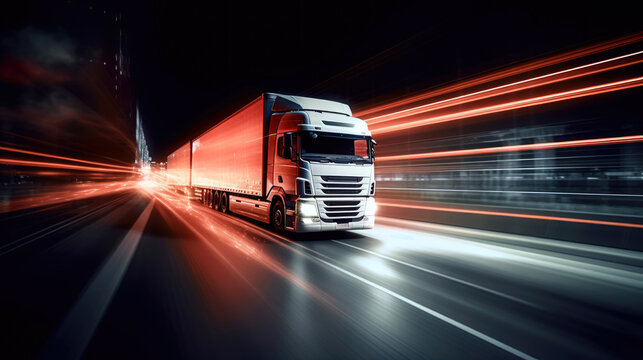 Modern lorry speeding down the highway, surrounded by the hustle and bustle of global business activity. Generative AI
