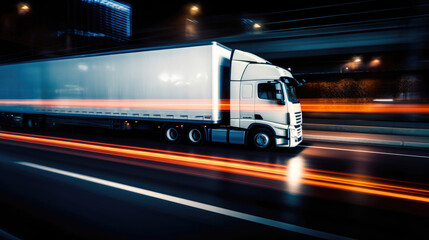 Modern lorry speeding down the highway, surrounded by the hustle and bustle of global business activity. Generative AI