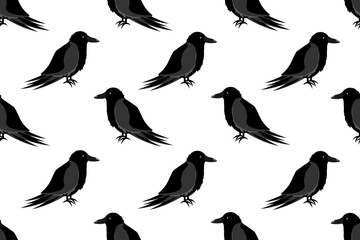 Seamless patern with Raven. Ensless ornament with Black Crow. Corbie. Vector illustration. Wallpaper and bed linen print with Wild Bird. Wrapping paper. 