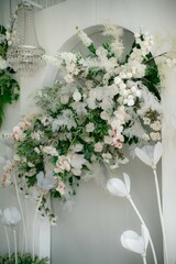 A luxurious and beautiful wedding decoration featuring elegant floral arrangements, intricate detailing, and opulent lighting, creating a stunning ambiance