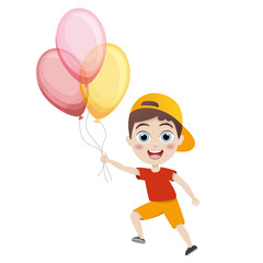 kids, little boy jump with colorful balloons on white background, cartoon illustration, vector. Birthday.Cute children having fun on birthday party. happy kids greeting card celebrate birthday vector