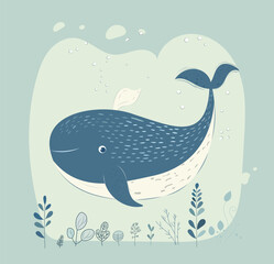 Blue whale - folk-inspired illustration for children with cute character
