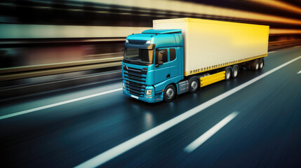 Modern lorry speeding down the highway, surrounded by the hustle and bustle of global business activity. Generative AI