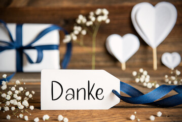 Label With White Heart Decoration, Flower, Gift, Danke Means Thank You