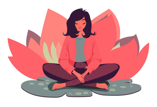 Asian woman is sitting in lotus pose and relaxing. Hippie groovy retro vibe  