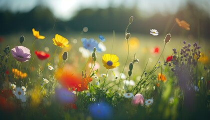 Beautiful sunny meadow with different multicolored wild flowers. Blooming field outdoor floral background. AI generative image.