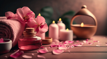 Fototapeta na wymiar Beautiful spa concept pink background. Natural organic skin and body care cosmetic products. Indoor background with copy space. AI generative image.