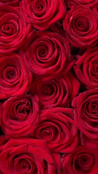 Vertical Screen: Rotating bouquet of red roses for vilentines day from above. Closeup spinning gentle flowers background. Perfect gift for romantic occasions, weddings, anniversaries