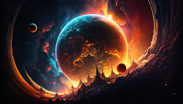 Abstract space core fantasy background with planet and glowing sky background. AI generative image.