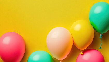 Fototapeta na wymiar Multicolored balloons on yellow background with copy space. Horizontal banner. AI generative image.