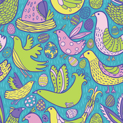 Folk style Birds with eggs Easter abstract seamless pattern