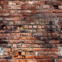 Weathered old red brick wall endless texture, seamless pattern tile background. AI generative image.