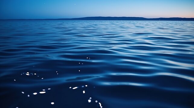 Beautiful night sea with ripple and light reflections. Calm seascape wallpaper background. Outdoor backdrop with copy space. AI generative image.